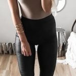 nude bodysuit + black leather pants