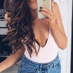 nude bodysuit + denim skirt