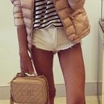 peach bomber + striped tee + white shorts